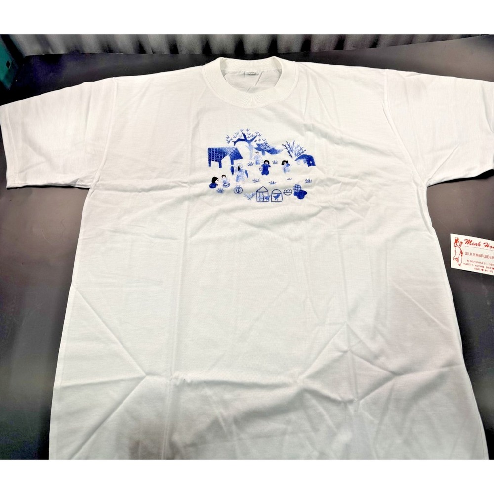 Vintage Vietnam Hand Embroidered Rice Farmer White T-shirt Women's XXL Cotton